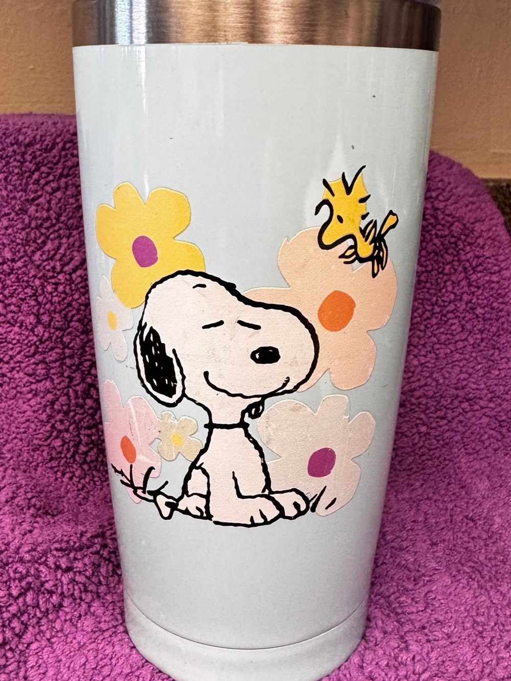 Peanuts Light Blue Travel Tumbler with Snoopy and Woodstock Floral Art